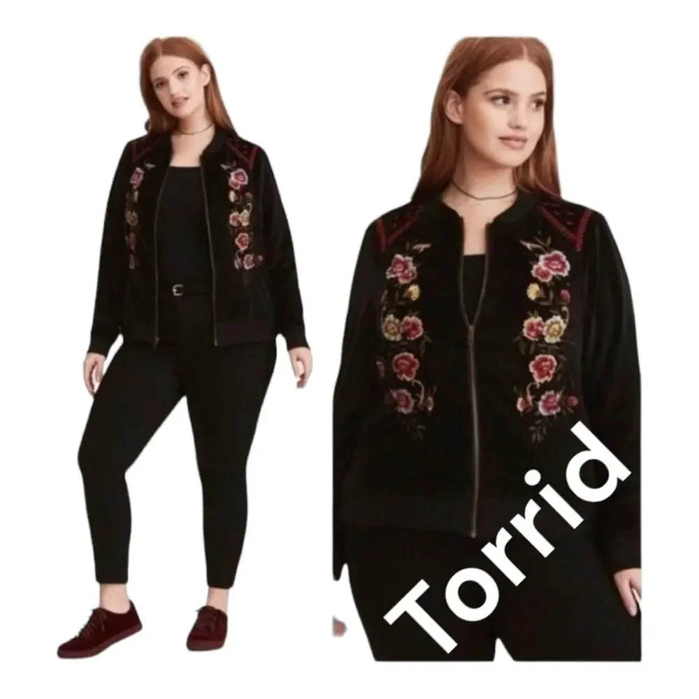 Torrid size 1 black velour jacket embroidery was cute coat lightweight track flr